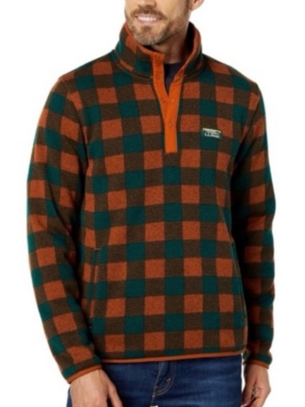 LL Bean Fleece Pullover Orange Green Plaid Sweater Slightly Fitted Snap M Tall